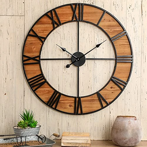 Glitzhome Oversized Wall Clock Farmhouse Wooden & Metal Home Decor 30" D