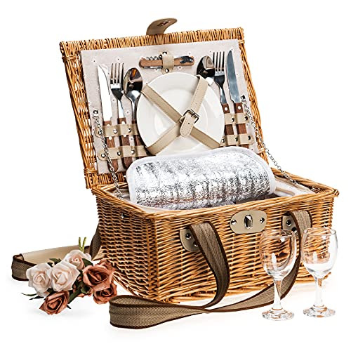 JOLLY HOME Picnic Basket Set 2 Persons Willow Insulated Cooler B08T98NNK9 New