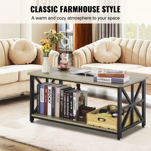 VEVOR 40" FARMHOUSE COFFEE TABLE RECTANGLE TABLE COMPARTMENT - GRAY/BLACK