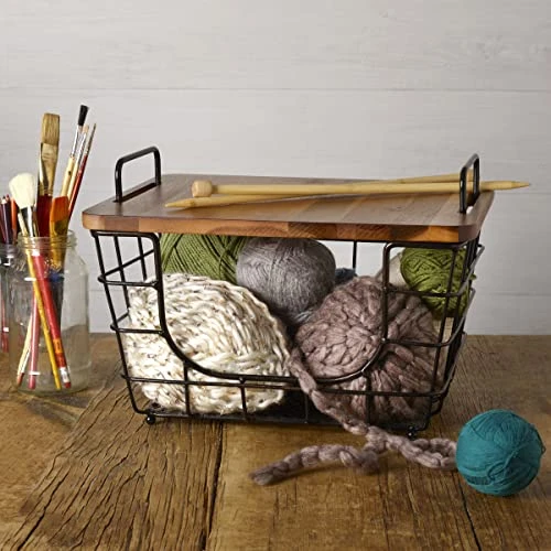 Gourmet Basics Madam Metal Stacking Nesting Basket Acacia Wood Lid - Black New
