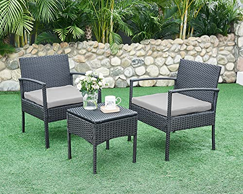 Leasbar 3 Pieces Patio Furniture, Rattan Chairs, Cushions, Table-B08J6KZ21L New