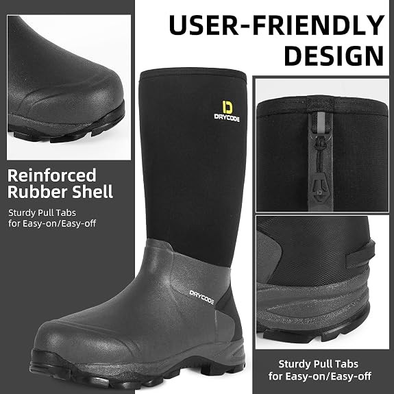 DRYCODE MENS RUBBER BOOTS, 5.5MM NEOPRENE WATERPROOF - 7 - BLACK/WHITE/YELLOW