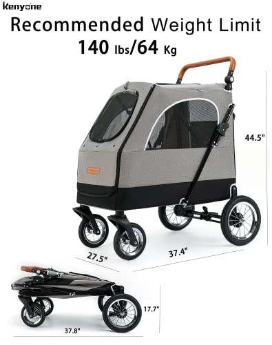 Kenyone Foldable Dog Stroller Medium Large Dogs 4 Wheels, Up to 140 lbs - Gray New