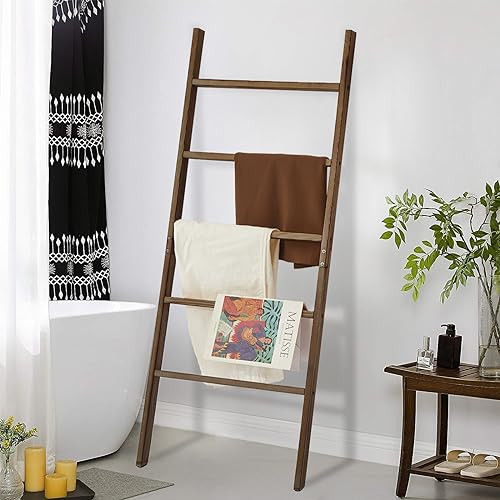 Leesinwing Wood Blanket Ladder 5 Tier Farmhouse Style Wall-Leaning - Dark Brown New