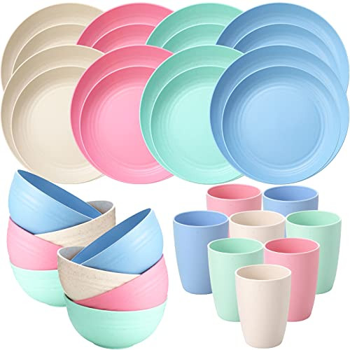 32 Pcs Wheat Straw Dinnerware Sets for 8 Kitchen Reusable Dinner Plates New