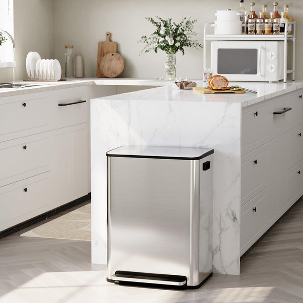 GARVEE 16 GALLON STAINLESS STEEL DUAL TRASH CAN REMOVABLE BASKETS - SILVER