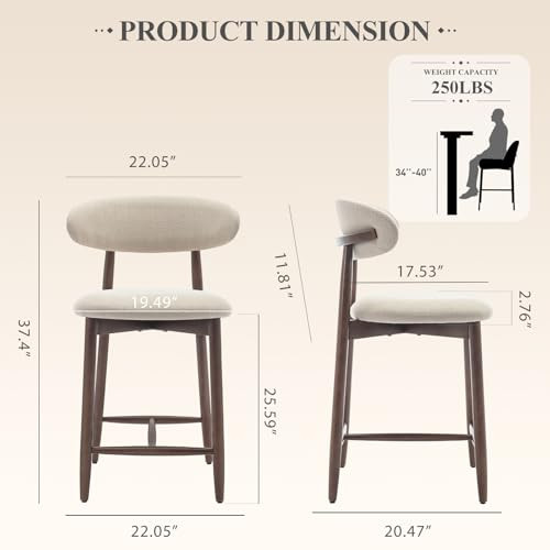 COLAMY UPHOLSTERED COUNTER HEIGHT BAR STOOLS, KITCHEN ISLAND STOOLS, BEIGE