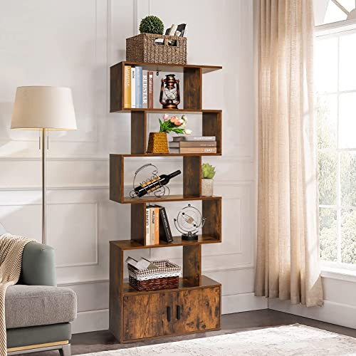 WEENFON Bookshelf 6-Tier Bookcase with Door 73" Corner Rustic Brown