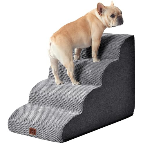 EHEYCIGA CURVED DOG STAIRS RAMP, 4-STEP HIGH BEDS, 19.7" H PET STEP - GREY New