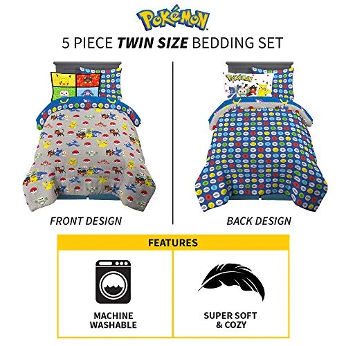 Franco Kids Comforter and Sheet Set with Sham, 5 Piece Twin Size, Pokemon New