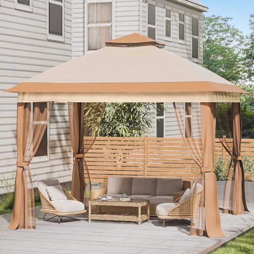 UDPATIO 11'x11' Pop up Gazebo Canopy Tent Waterproof Gazebo Mosquito Net - Beige