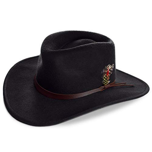 PORSYOND 100% Wool Felt Outback Fedora Hat Men Black Wide Brim Cowboy Hat