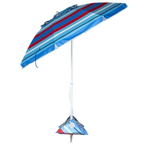 RIO BRANDS 6.5' TILT PORTABLE BEACH UMBRELLA INTEGRATED SAND - BLUE/RED/WHITE