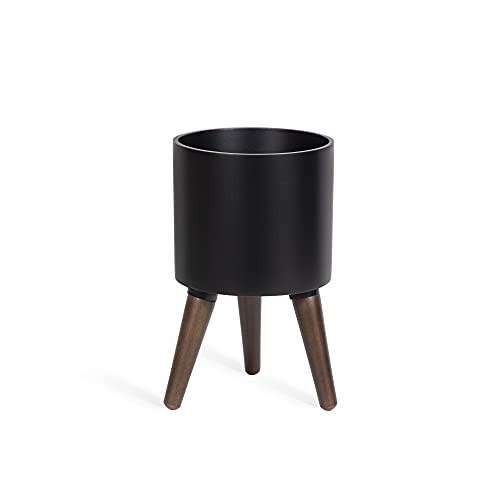 D'vine Dev 8 Inch Planter Pot with Wood Stand, Black, 88-O-A-2 New