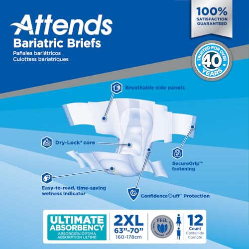 Attends Bariatric Incontinence Disposable Briefs, XX-Large, 63"-70", 2XL 48ct New