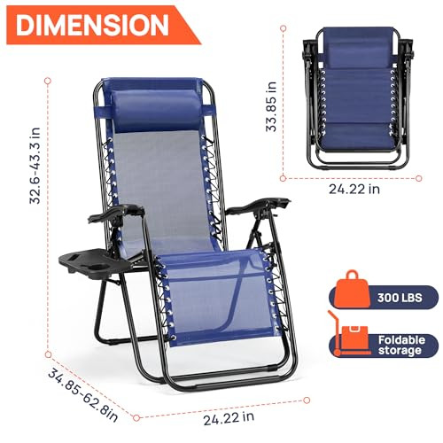 Chaise Lounge Chair Outdoor Set of 2 Oversized Zero Gravity Chair Blue New