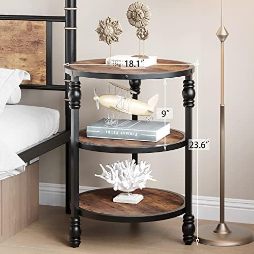 Garvee Home Round Side Table with 3 Shelves for Living Room, Rustic Brown