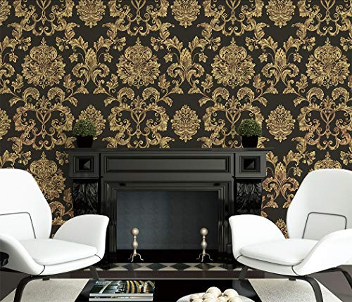 JZ·HOME 90504 Luxury Damask Non-Woven Wallpaper Rolls, Black/Gold New