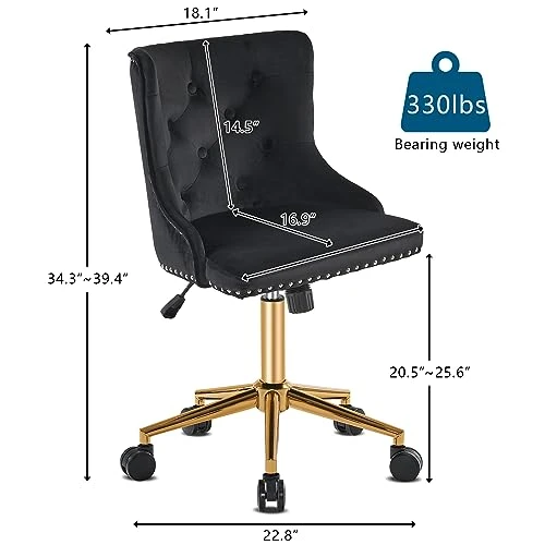 VINGLI Black Velvet Armless Office Chair Gold Base/Wheels Small Cute Vanity New