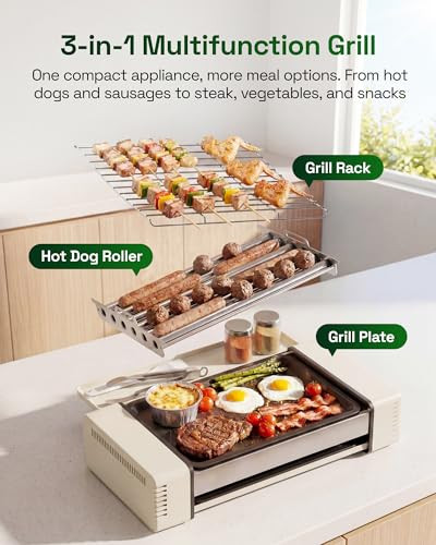 HBN 3-IN-1 INDOOR GRILL AND GRIDDLE, SMOKELESS INDOOR, DISHWASHER SAFE (BEIGE)