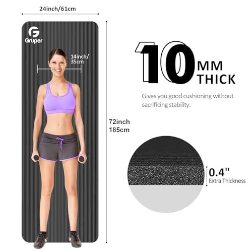 Gruper Thick Yoga Mat Non Slip Large Size 72" L x 32" W x 0.6" TH - Black