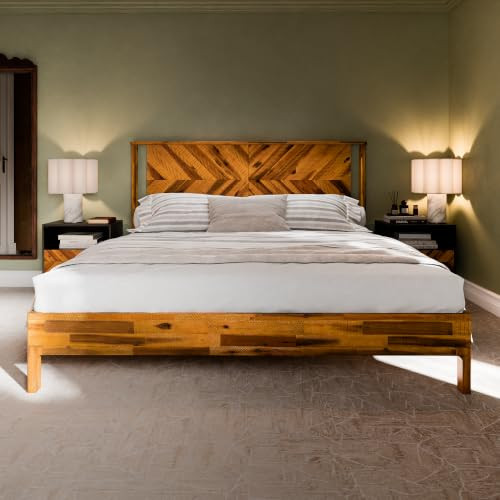 BME VIVIAN 14 INCH DELUXE BED FRAME WITH HEADBOARD, KING - RUSTIC GOLDEN BROWN