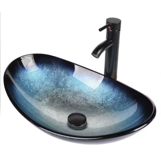 PULUOMIS BOAT SHAPE BLUE GLASS VESSEL SINK WITH FAUCET - BLUE/BLACK/SILVER