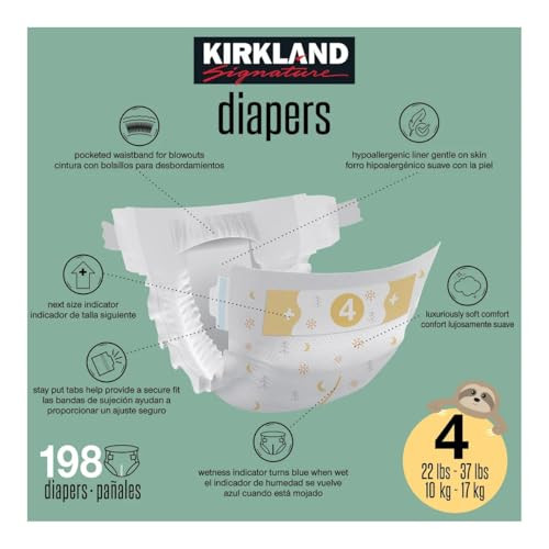 Kirkland Signature Diapers, Size 4 (22-37 Pounds), 198 Count New