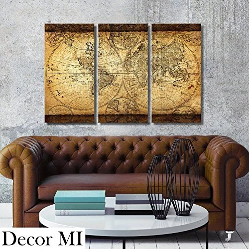 Decor MI Vintage World Map Canvas Stretched Wall Art 16"x32" 3pcs New