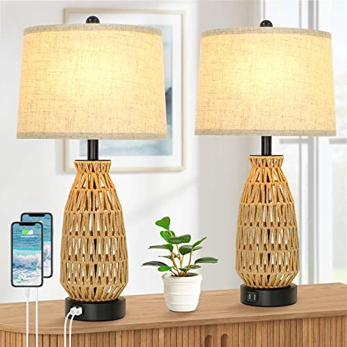 Set of 2 Rattan Coastal Woven Table Lamps 26’’ Tall - Oatmeal