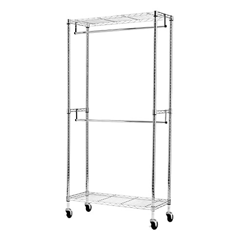 Amazon Basics Adjustable Clothes Rack, Double Hanging Rod Garment - Chrome New