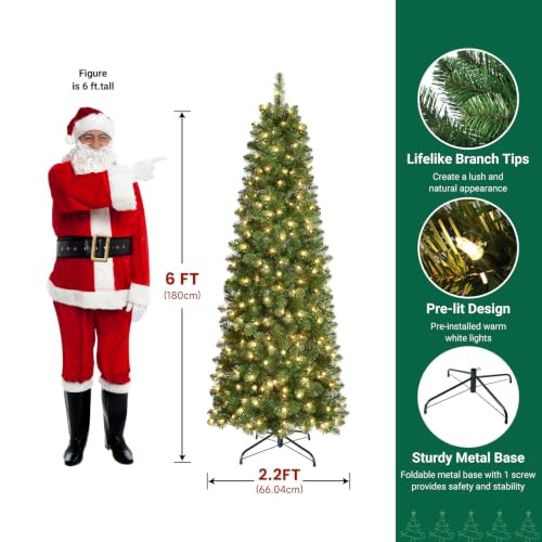 SHareconn Prelit Artificial Pencil Christmas Tree 6FT & Warm White Lights New