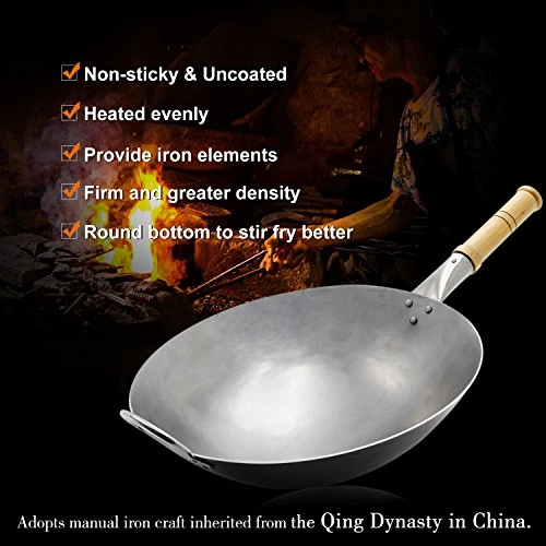 Ieoke Wok Pan 14.4in Round Bottom Wok Traditional Hand Hammered Uncoated New