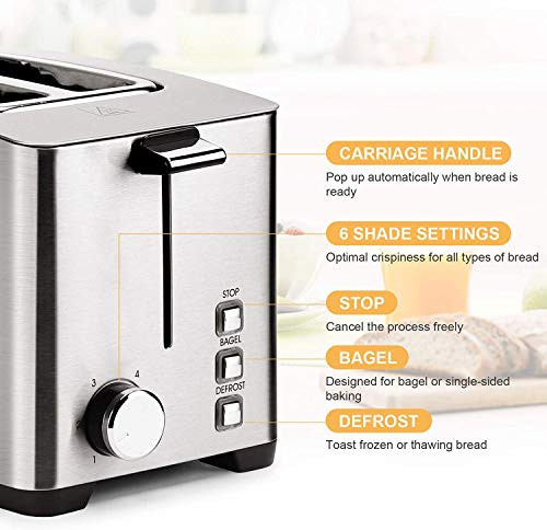 Toaster 2 Slice Long Slot, LauKingdom Auto Pop-Up Stainless Steel 1.57" Wide New