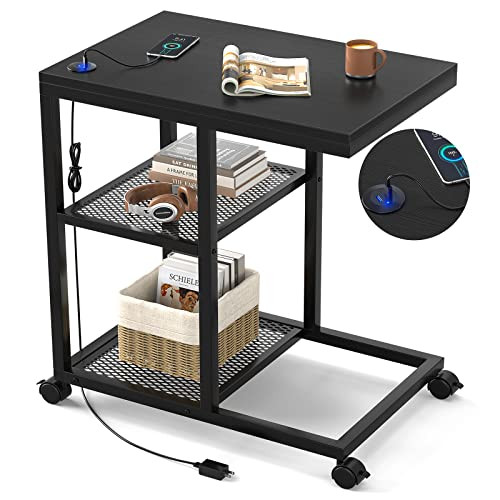 Unikito C Shaped End Table USB Charging Ports Movable Snack 2 Shelves - Black New