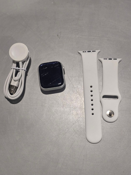 For Parts: APPLE WATCH 9 GPS LTE 45MM SILVER ALUM CASE WHITE SPORT BAND - NO POWER