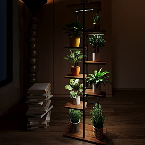 VANYICHOO Metal Plant Stand with Grow Lights for Indoor Outdoor (Retro Wood,8T) New