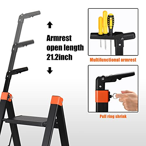 ALPURLAD 3 Step Ladder Aluminum Folding Ladders with Telescopic Hand Rair New