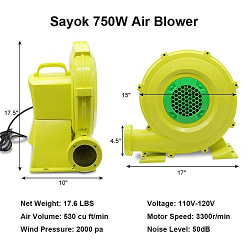 SAYOK ELECTRIC AIR BLOWER FAN 750 WATT 1HP COMMERCIAL BOUNCER - YELLOW/GREEN