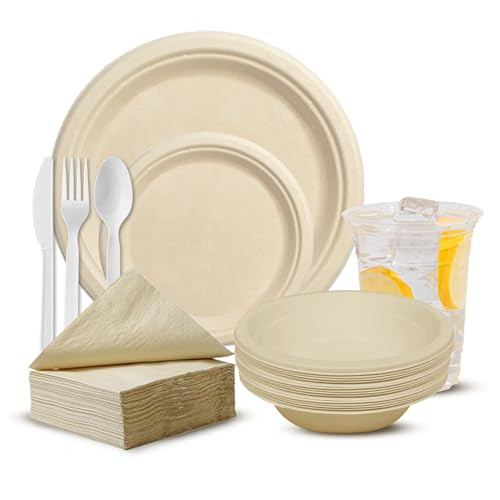 ECO SOUL Compostable Dinnerware Set 400 Pieces Round B0CXY35VG7 - Brown New