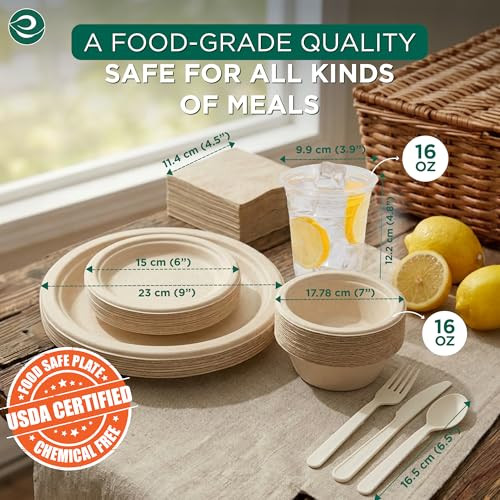 ECO SOUL Compostable Dinnerware Set 400 Pieces Round B0CXY35VG7 - Brown New