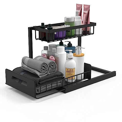 BUKFEN UNDER SINK ORGANIZER PULL OUT CABINET ORGANIZER 2-TIER SLIDE OUT BLACK New