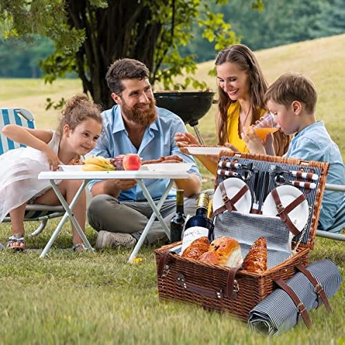 Picnic Baskets 4 Persons Retro Classic Willow Hamper Set Waterproof Blanket New