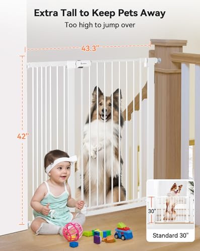 COMOMY 42" EXTRA TALL BABY GATE FOR STAIRS, FITS 29.5" TO 43.3" OPENING - WHITE