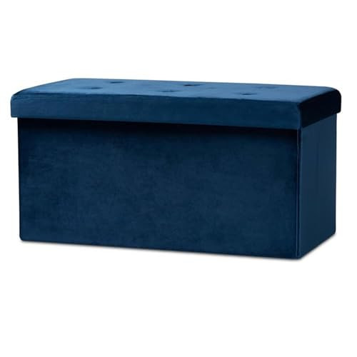 Baxton Studio Castel Navy Blue Velvet Fabric Upholstered Wood Storage Ottoman New