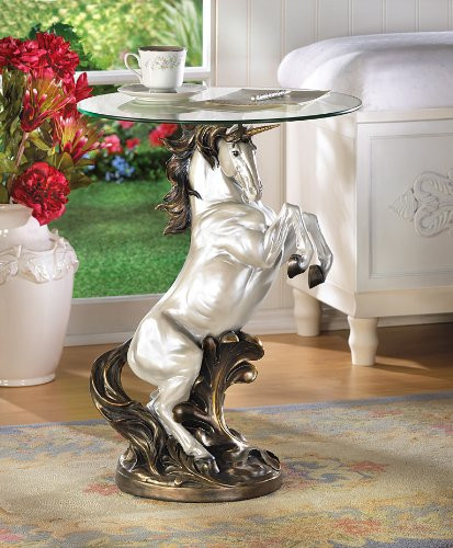 Furniture Creations Fantasy Magical Unicorn Horse Glass Top Accent Table New