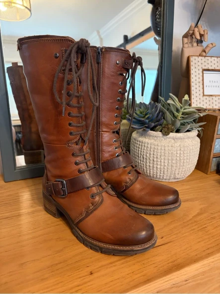 PIKOLINOS WOMEN'S BROWN LACE-UP MID-CALF LEATHER BOOTS BUCKLE SIZE: 8.5 - BROWN