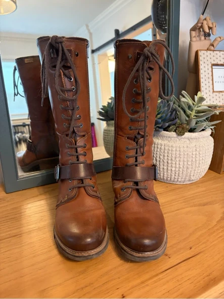 PIKOLINOS WOMEN'S BROWN LACE-UP MID-CALF LEATHER BOOTS BUCKLE SIZE: 8.5 - BROWN