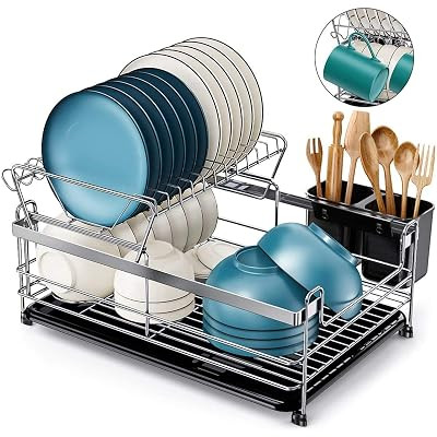 HOMEMAXS DISH DRYING RACK 2 TIER SMALL KITCHEN DISH RACK - STAINLESS STEEL