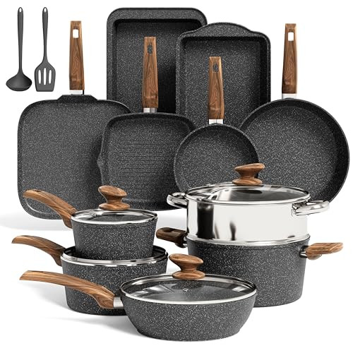 KITCHEN ACADEMY INDUCTION COOKWARE SET NON STICK 17PCS GRANITE POTS PANS - BLACK